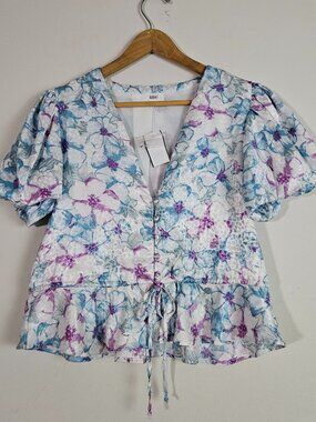 Rahi Women's Top Medium Floral Satin Peplum Romantic Coquette Girl Soft